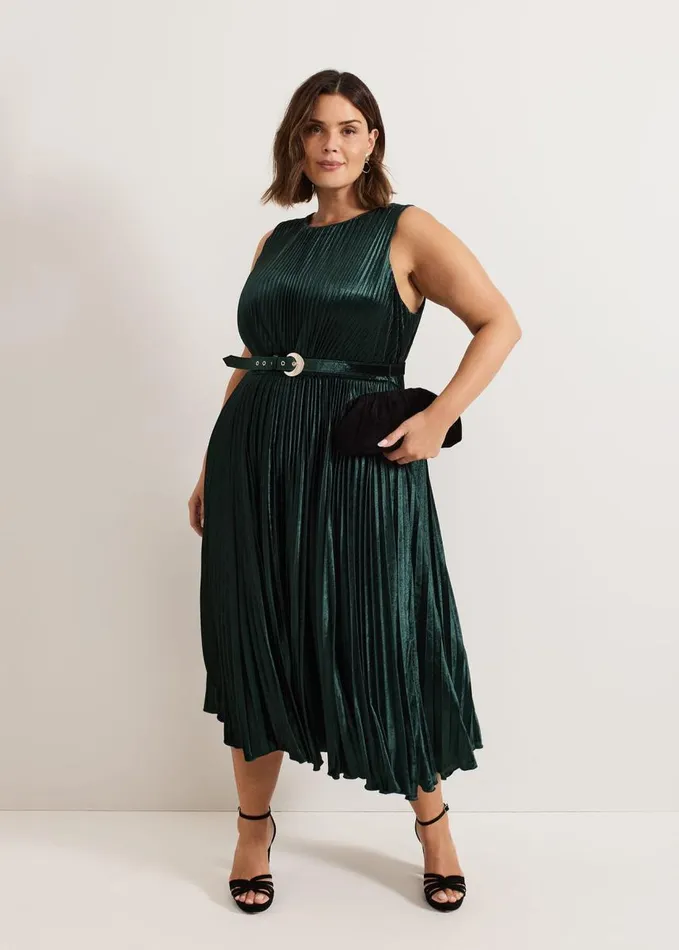 Phase Eight Simara Velvet Pleat Midi Dress Dark Green Women Dresses