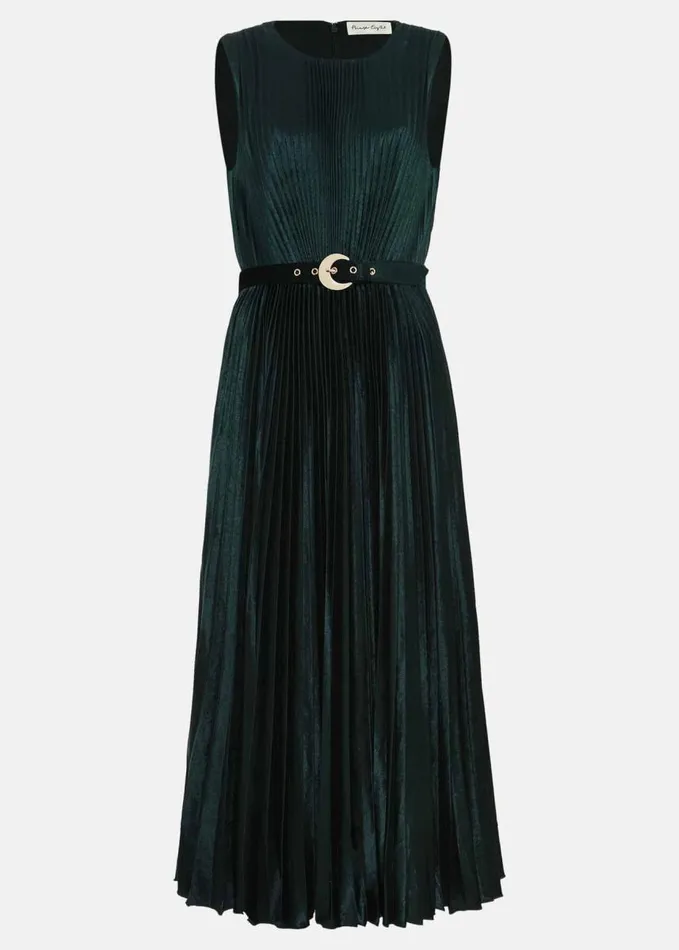 Phase Eight Simara Velvet Pleat Midi Dress Dark Green Women Dresses