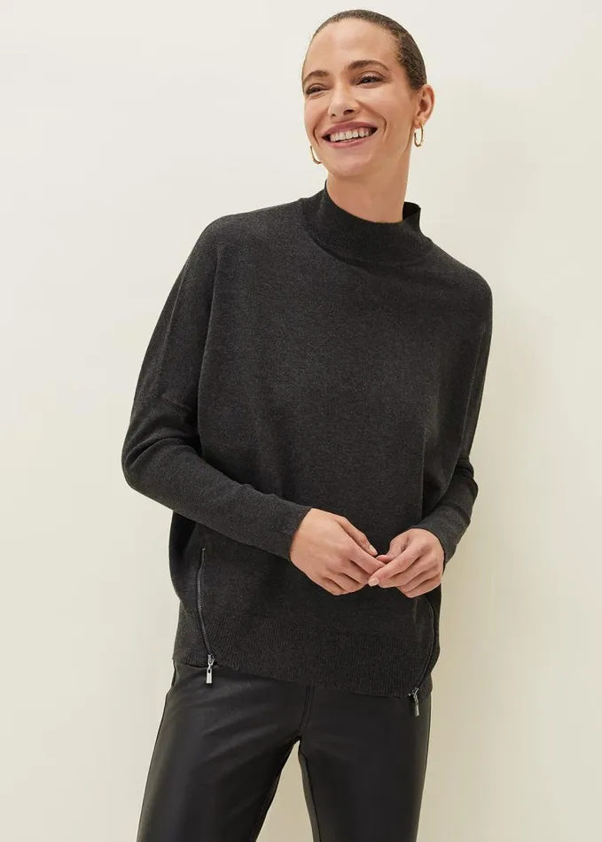 Phase Eight Skylar Roll Neck Zip Hem Jumper Charcoal Women Knitwear