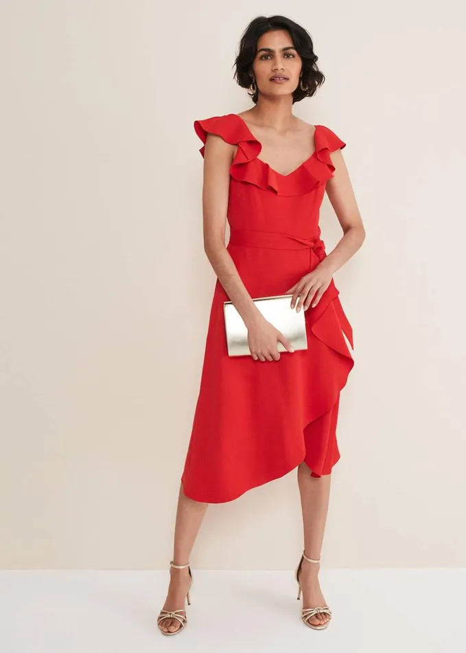 Phase Eight Tatiana Ruffle Wrap Midi Dress Red Women Dresses