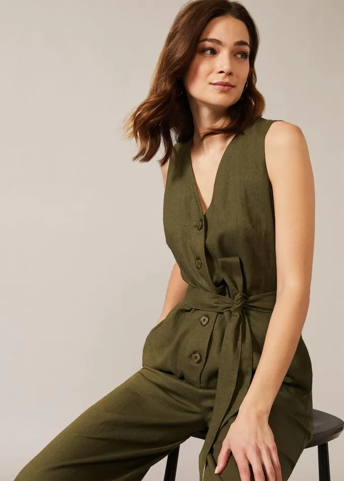 Phase Eight Tia Linen Jumpsuit Khaki Women Dresses