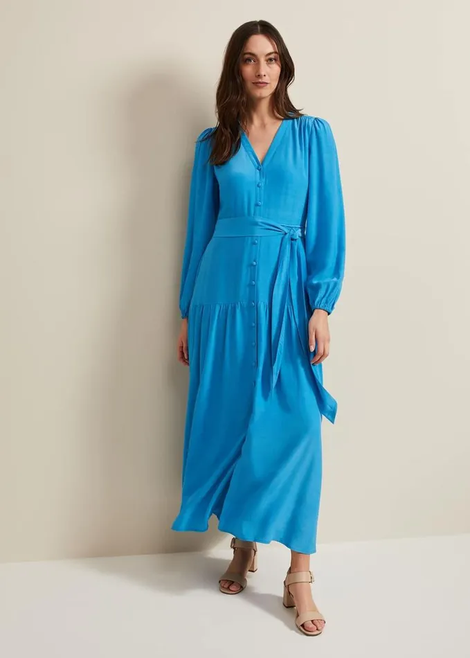Phase Eight Tori Button Through Maxi Dress Blue Women Dresses