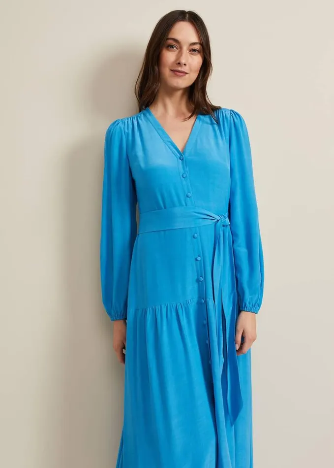 Phase Eight Tori Button Through Maxi Dress Blue Women Dresses