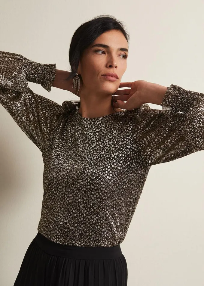 Phase Eight Valery Plisse Foil Top Gold Women Tops and TShirts