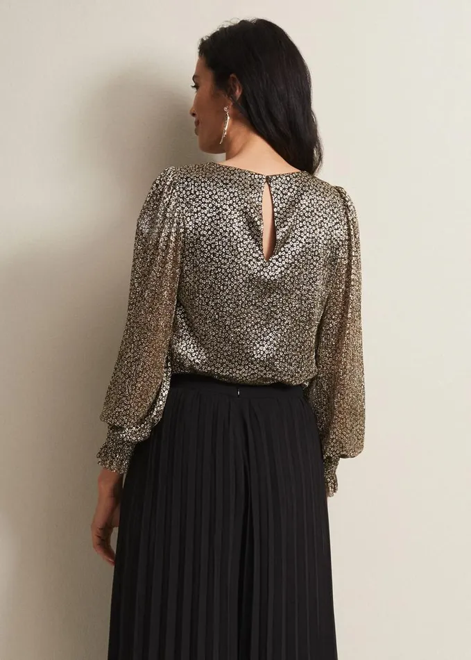 Phase Eight Valery Plisse Foil Top Gold Women Tops and TShirts