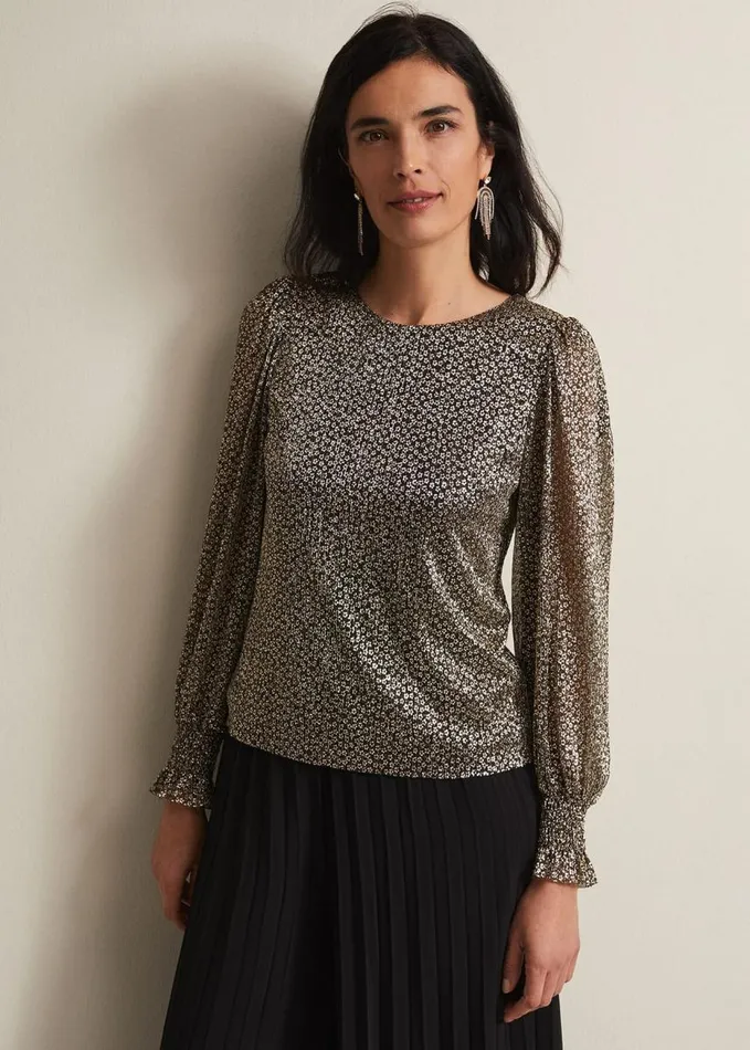 Phase Eight Valery Plisse Foil Top Gold Women Tops and TShirts