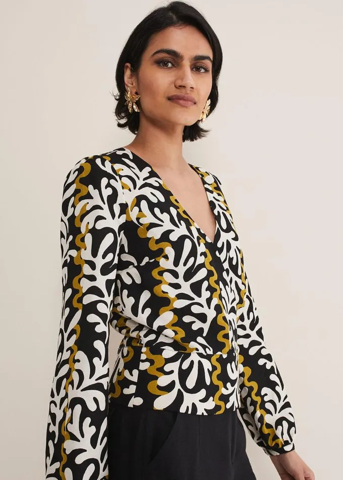 Phase Eight Vienna Linen Wrap Blouse Blackmulti Women Shirts and Blouses