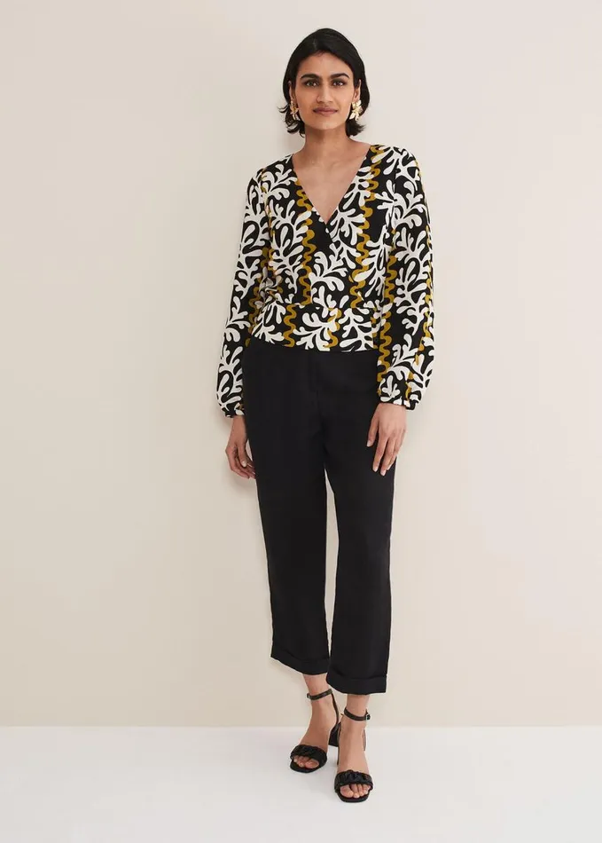 Phase Eight Vienna Linen Wrap Blouse Blackmulti Women Shirts and Blouses