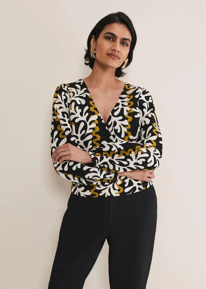 Phase Eight Vienna Linen Wrap Blouse Blackmulti Women Shirts and Blouses