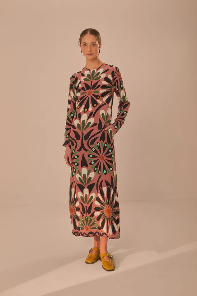 Pink Ainika Flowers Long Sleeve Maxi Dress Women Farm Rio Maxi Dresses
