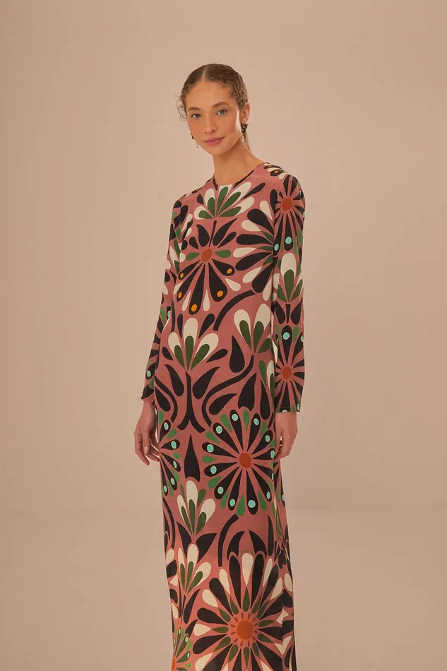 Pink Ainika Flowers Long Sleeve Maxi Dress Women Farm Rio Maxi Dresses