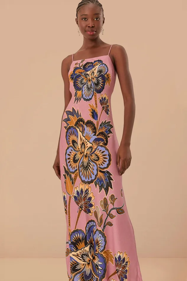 Pink Maxi Floral Lenzing Ecovero Viscose Slip Maxi Dress Women Farm Rio Maxi Dresses
