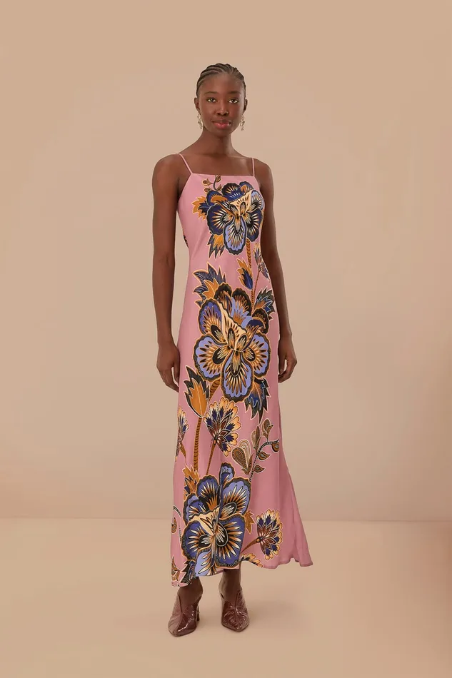 Pink Maxi Floral Lenzing Ecovero Viscose Slip Maxi Dress Women Farm Rio Maxi Dresses