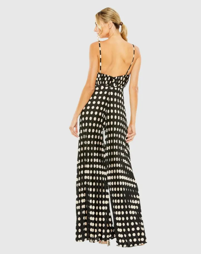 Pleated Charmeuse VNeck Jumpsuit Black Multi Women Jumpsuits and Rompers Mac Duggal