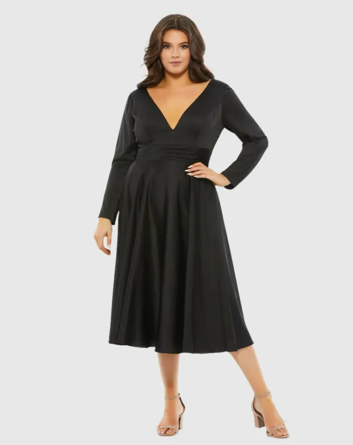 Plus Size Dresses Mac Duggal Women Satin Long Sleeve Sweetheart Flowy Midi Dress Plus Black