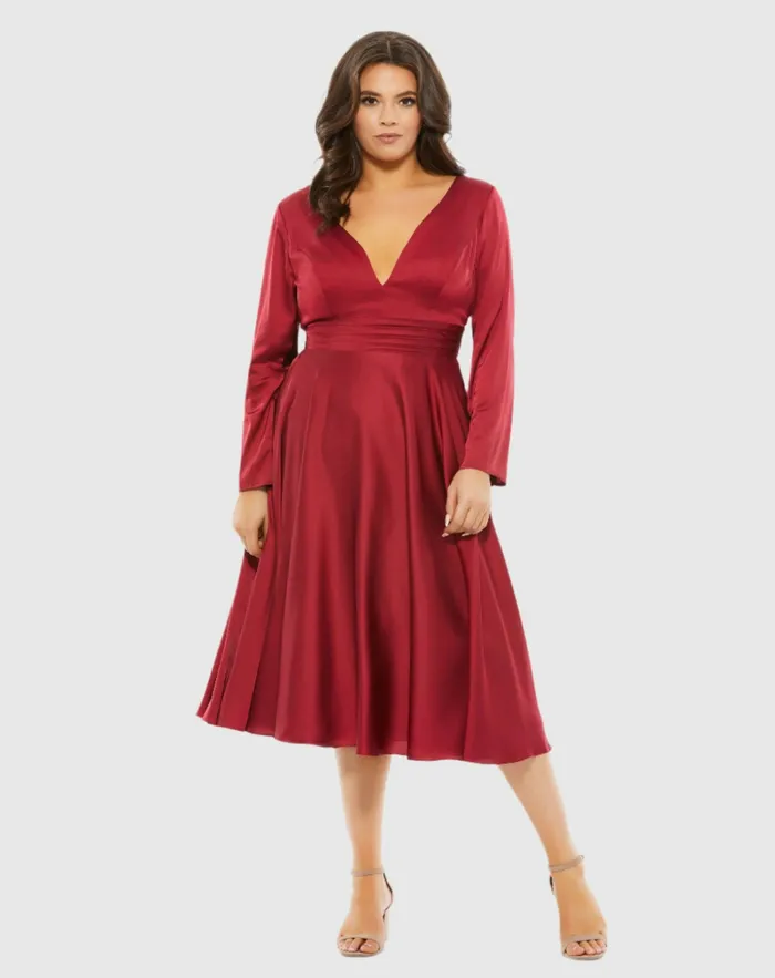 Plus Size Dresses Mac Duggal Women Satin Long Sleeve Sweetheart Flowy Midi Dress Plus Black