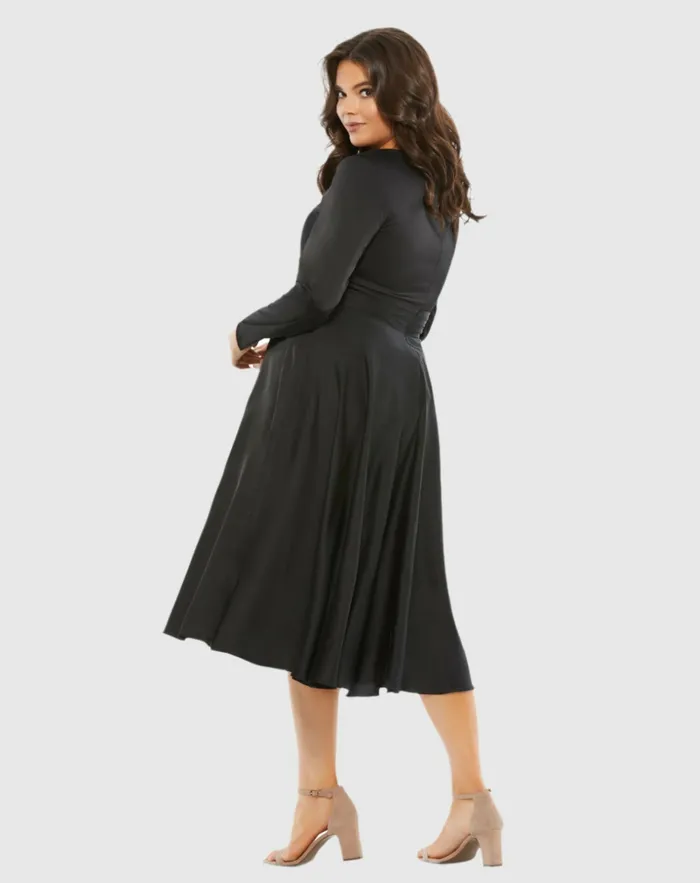 Plus Size Dresses Mac Duggal Women Satin Long Sleeve Sweetheart Flowy Midi Dress Plus Black