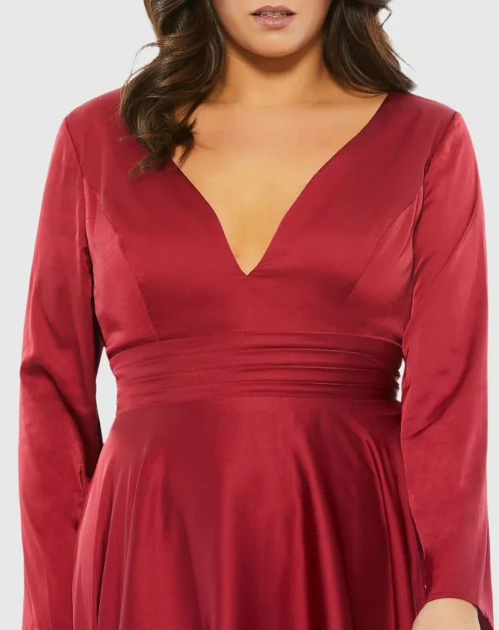 Plus Size Dresses Mac Duggal Women Satin Long Sleeve Sweetheart Flowy Midi Dress Plus Black