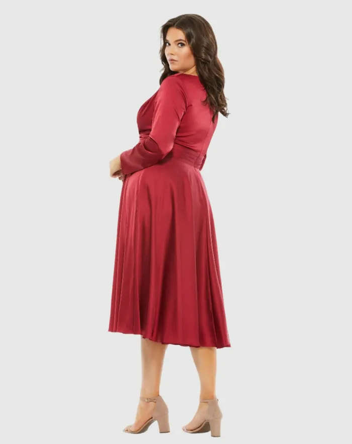 Plus Size Dresses Mac Duggal Women Satin Long Sleeve Sweetheart Flowy Midi Dress Plus Black