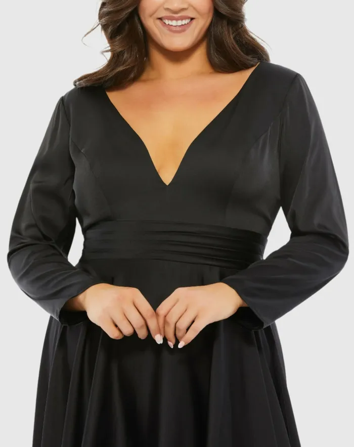 Plus Size Dresses Mac Duggal Women Satin Long Sleeve Sweetheart Flowy Midi Dress Plus Black