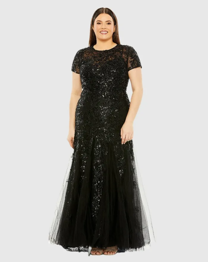 Plus Size Dresses Mac Duggal Women Short Sleeve Heavy Applique Dress Black