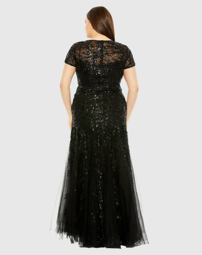 Plus Size Dresses Mac Duggal Women Short Sleeve Heavy Applique Dress Black Plus Size Dresses Mac Duggal Women Short Sleeve Heavy Applique Dress Black