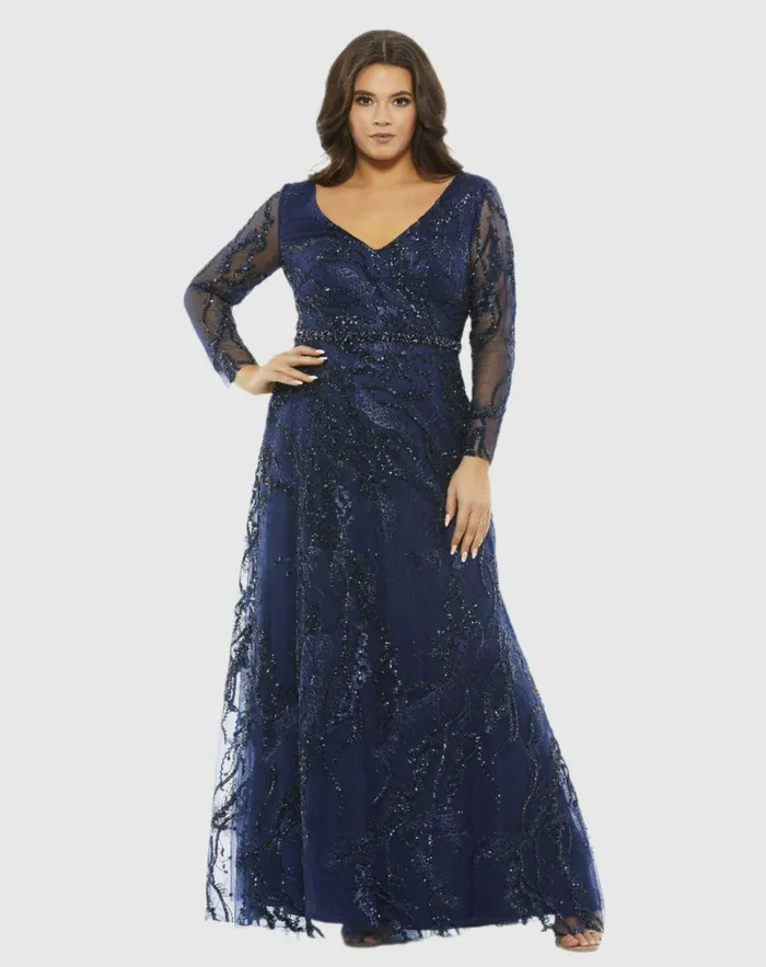 Plus Size Dresses Women Embellished Illusion Long Sleeve VNeck ALine Gown Plus Midnight Mac Duggal