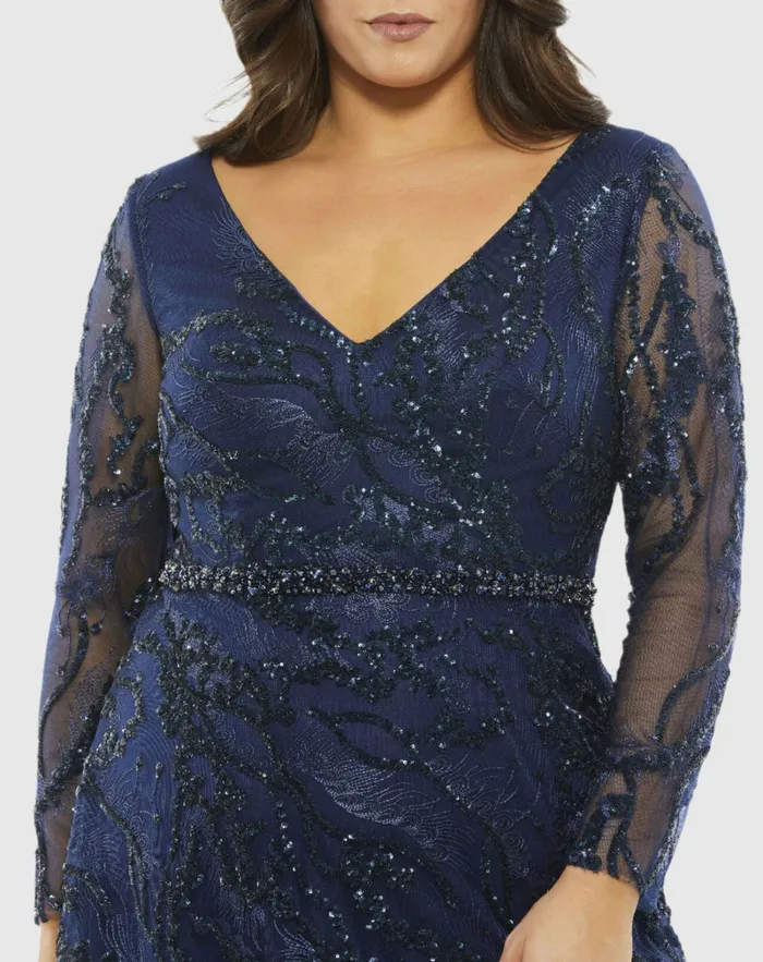 Plus Size Dresses Women Embellished Illusion Long Sleeve VNeck ALine Gown Plus Midnight Mac Duggal