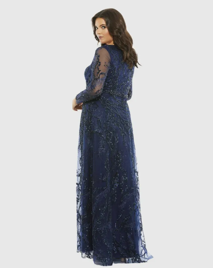 Plus Size Dresses Women Embellished Illusion Long Sleeve VNeck ALine Gown Plus Midnight Mac Duggal