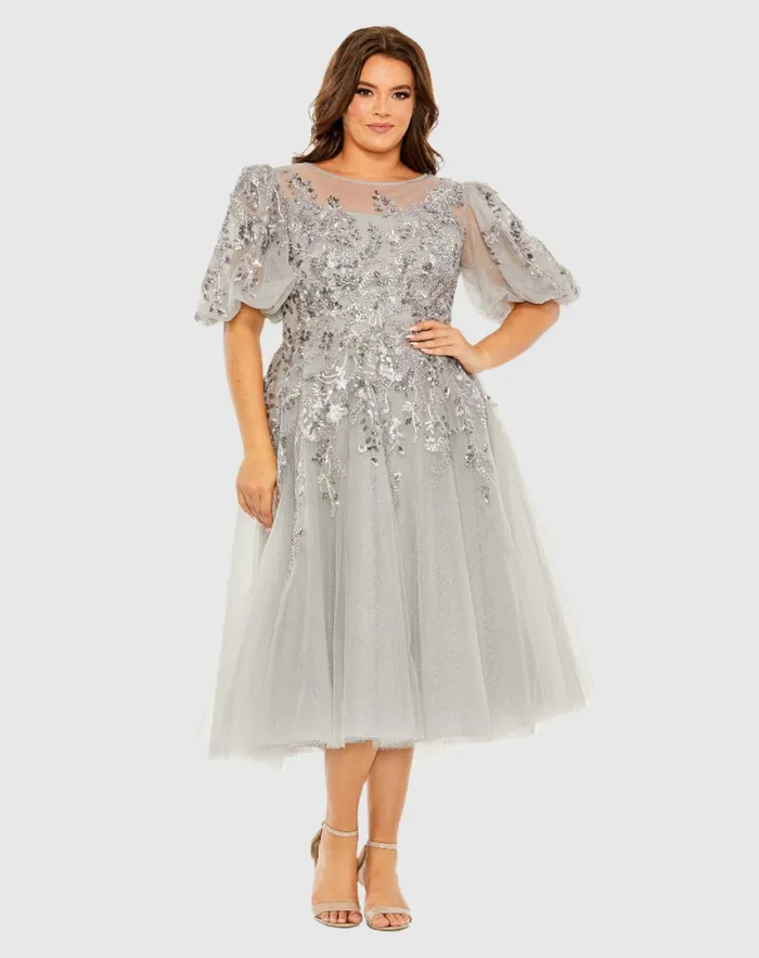 Plus Size Dresses Women Gray Puff Sleeve Glitter Embellished Dress Charcoal Mac Duggal