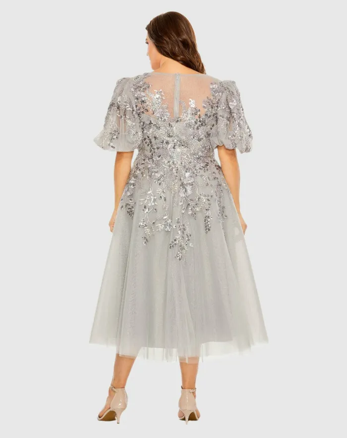 Plus Size Dresses Women Gray Puff Sleeve Glitter Embellished Dress Charcoal Mac Duggal
