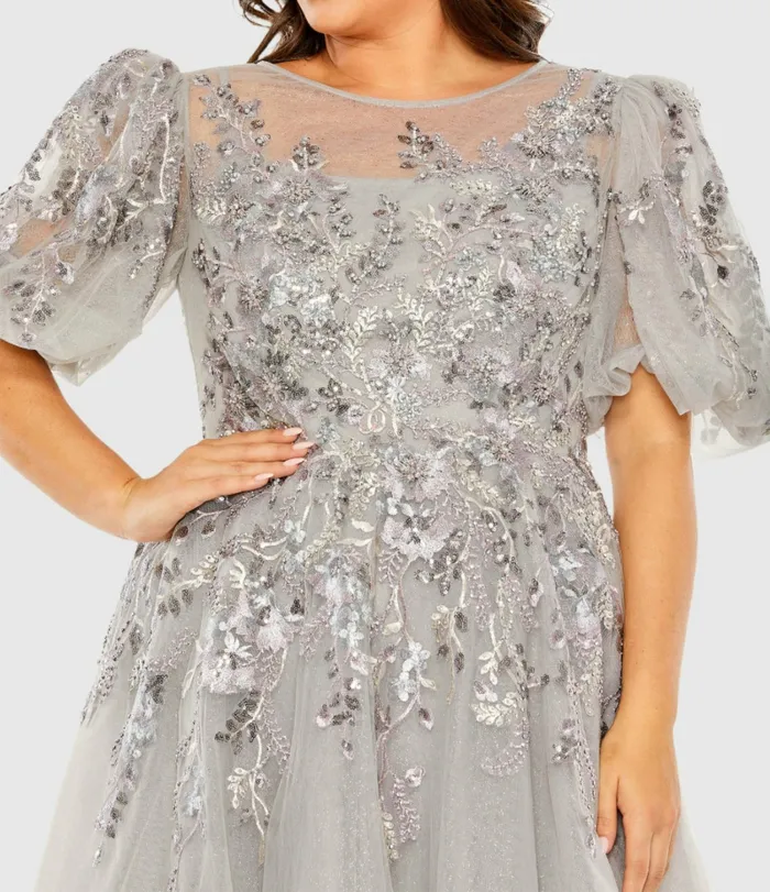 Plus Size Dresses Women Gray Puff Sleeve Glitter Embellished Dress Charcoal Mac Duggal