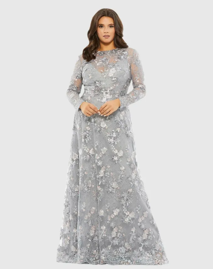Plus Size Dresses Women Mac Duggal Embellished Illusion Long Sleeve A Line Gown Plus 8211 FINAL SALE Platinum