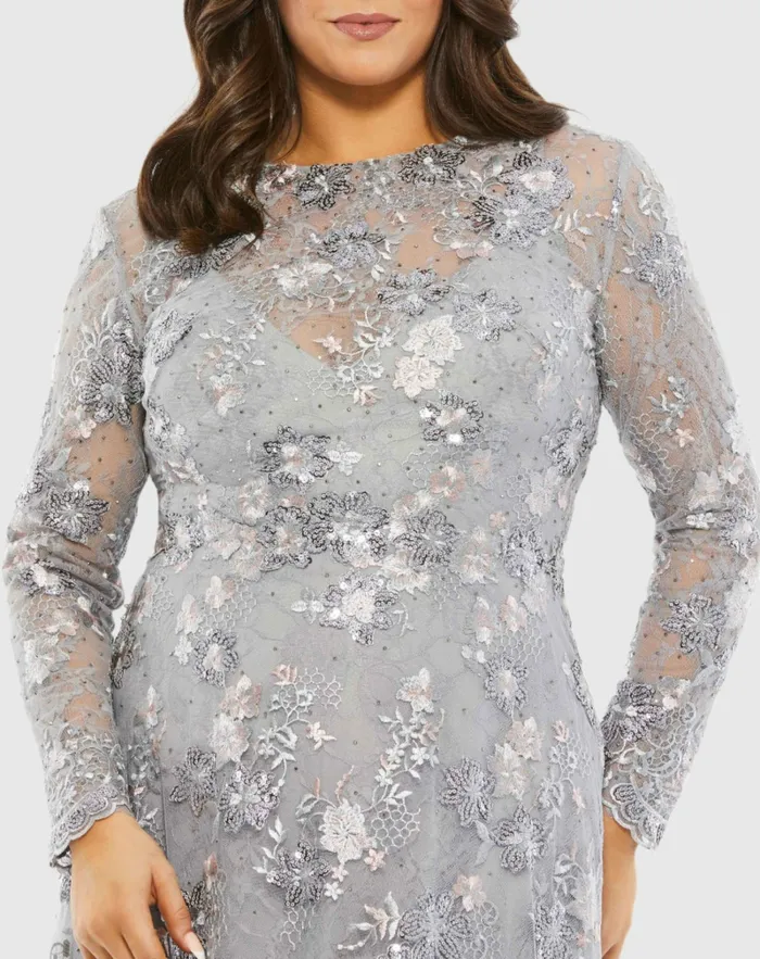 Plus Size Dresses Women Mac Duggal Embellished Illusion Long Sleeve A Line Gown Plus 8211 FINAL SALE Platinum