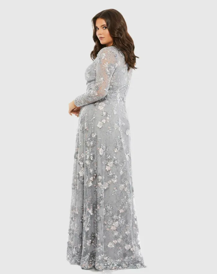 Plus Size Dresses Women Mac Duggal Embellished Illusion Long Sleeve A Line Gown Plus 8211 FINAL SALE Platinum
