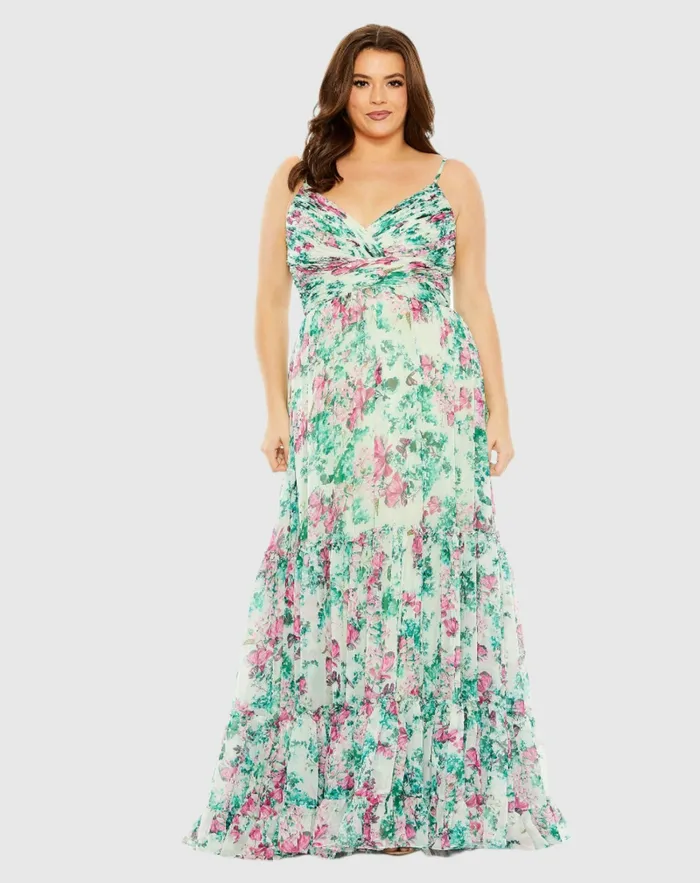 Plus Size Dresses Women Mac Duggal Floral Printed Tiered Ruched Gown Green Multi