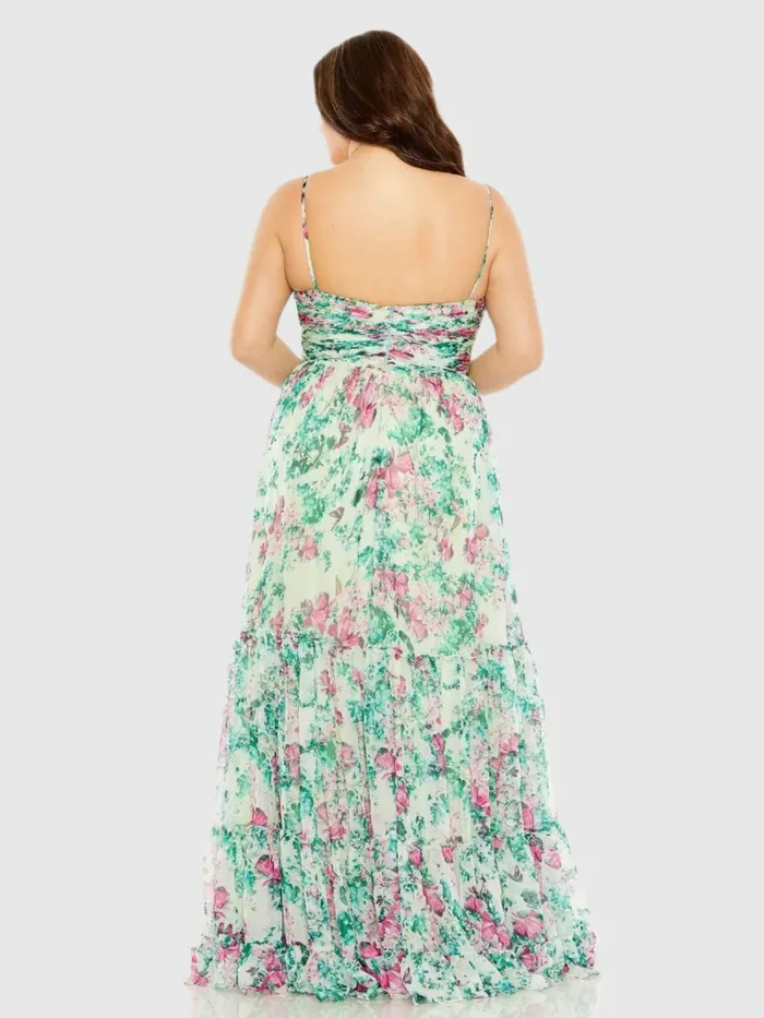 Plus Size Dresses Women Mac Duggal Floral Printed Tiered Ruched Gown Green Multi