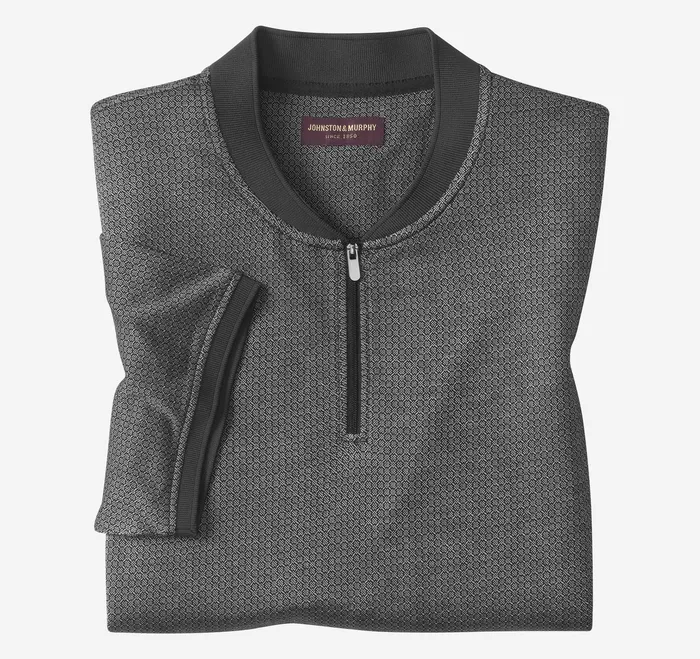 Polos and Tees Men Johnston and Murphy Jacquard Zip Polo Black Hexagon