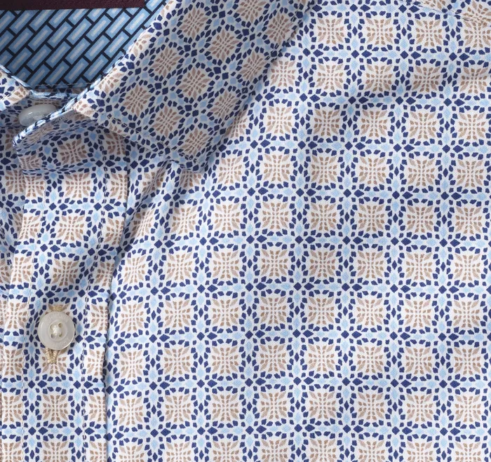 Printed Cotton Shirt Light Blue Tile Men Shirts Johnston and Murphy