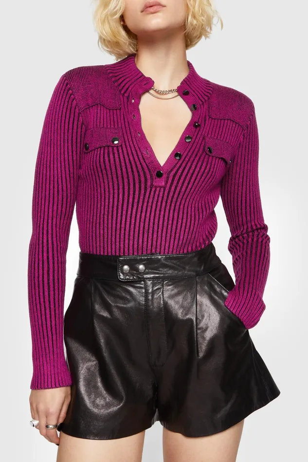 Rebecca Minkoff Alana Military Henley Hot Pink Women Sweaters and Sweatshirts