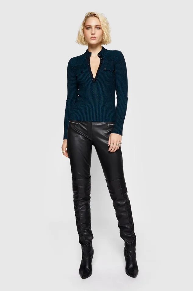 Rebecca Minkoff Alana Military Henley Teal Women Sweaters and Sweatshirts