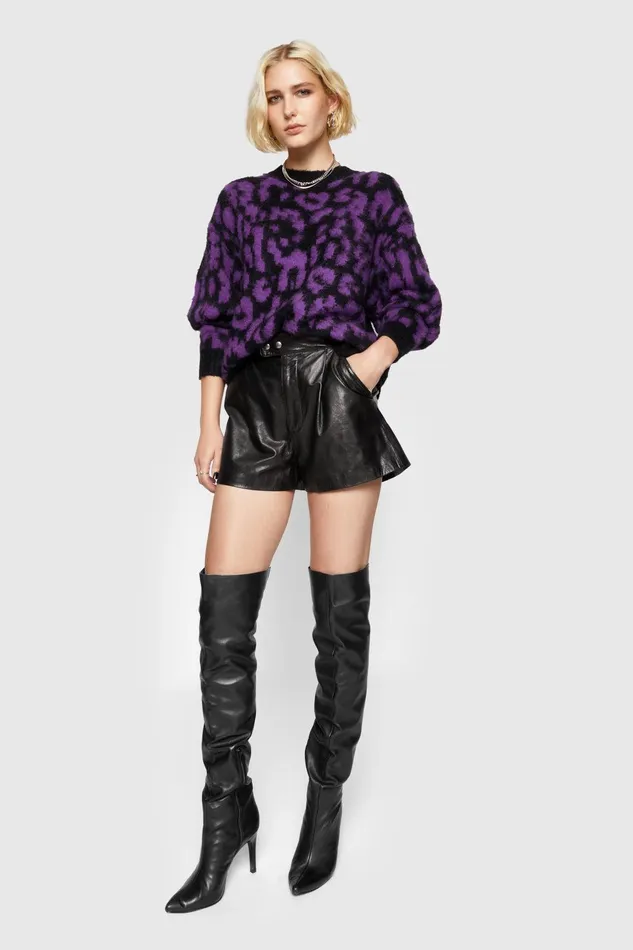 Rebecca Minkoff Gordon Leopard Sweater Purpleblack Women Sweaters and Sweatshirts