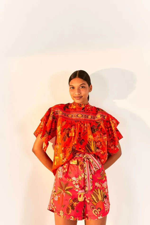 Red Secret Garden Organic Cotton Blouse Women Farm Rio Blouses