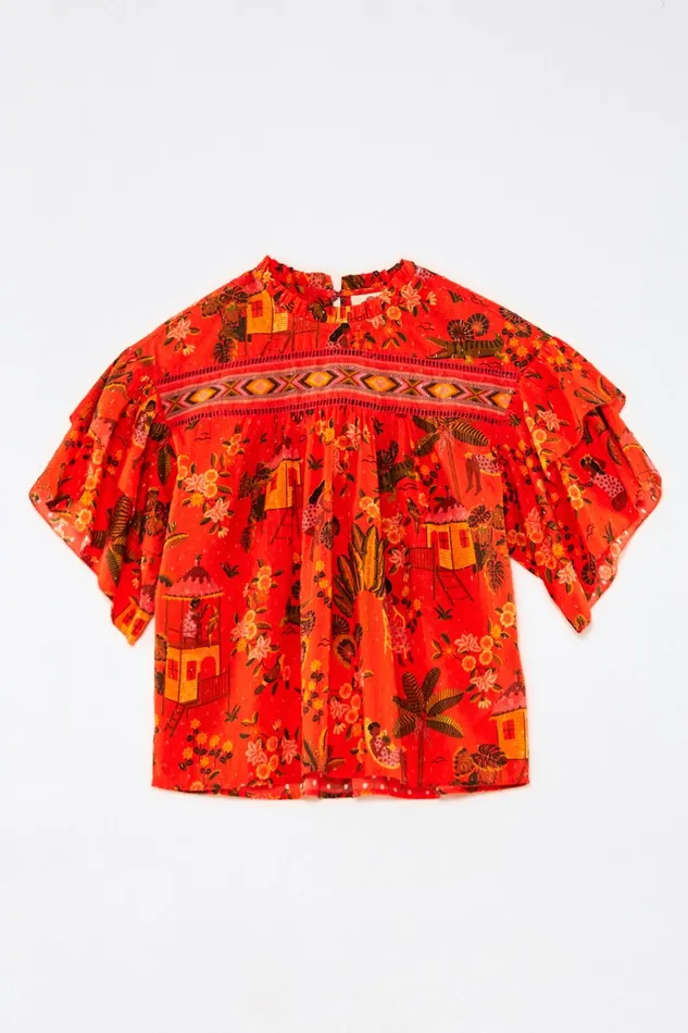 Red Secret Garden Organic Cotton Blouse Women Farm Rio Blouses