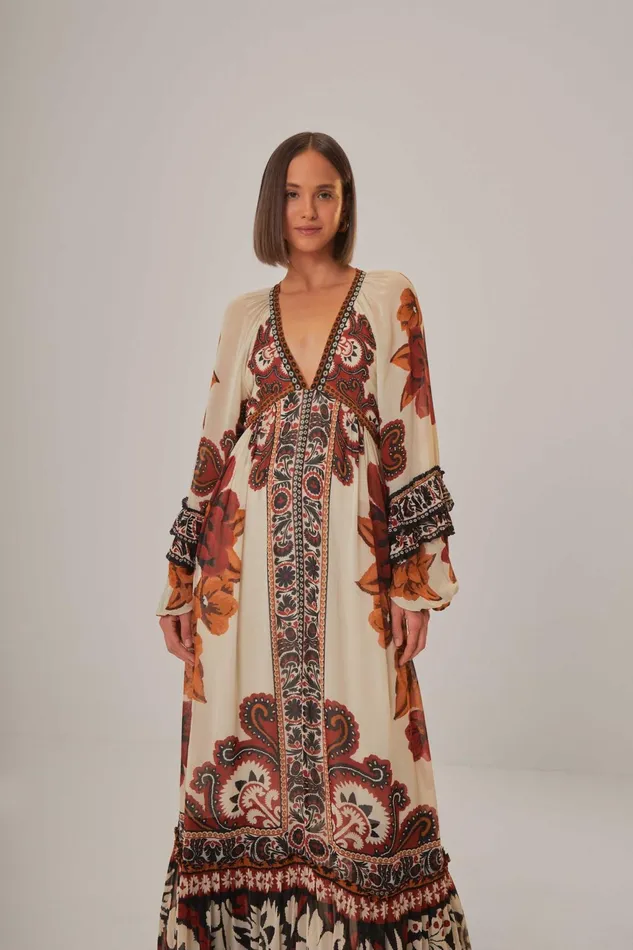 Sand Winter Tapestry V Neck Maxi Dress Women Farm Rio Maxi Dresses
