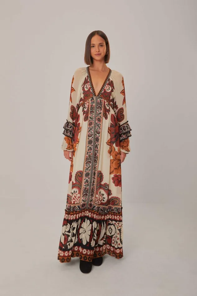 Sand Winter Tapestry V Neck Maxi Dress Women Farm Rio Maxi Dresses