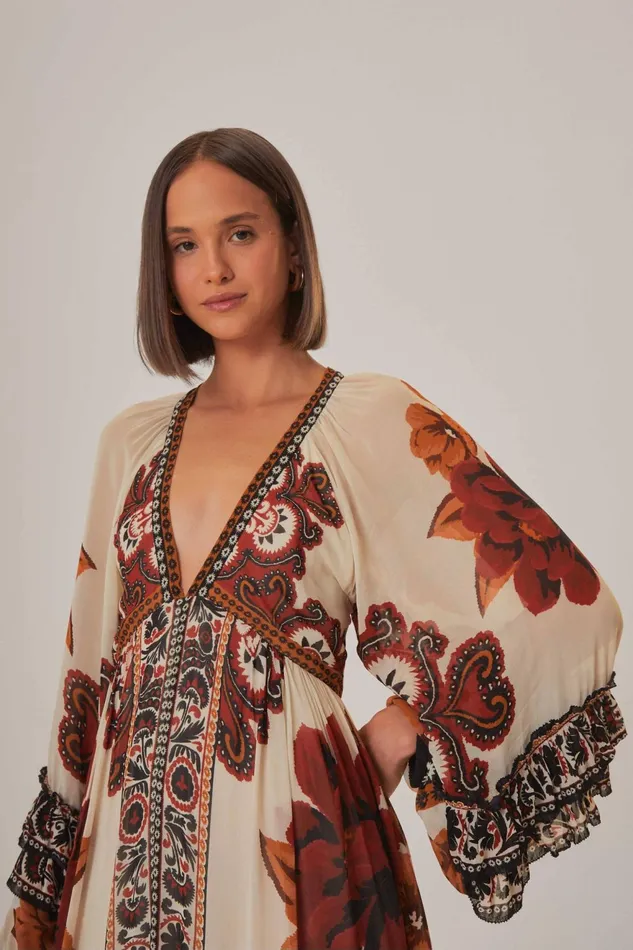 Sand Winter Tapestry V Neck Maxi Dress Women Farm Rio Maxi Dresses