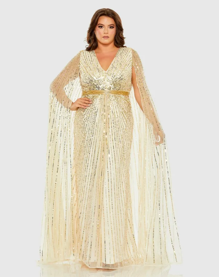 Sequined VNeck Dress with Cape Sleeves Nude Plus Size Dresses Mac Duggal Women