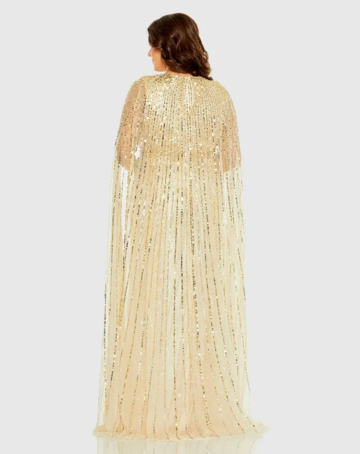 Sequined VNeck Dress with Cape Sleeves Nude Plus Size Dresses Mac Duggal Women Sequined VNeck Dress with Cape Sleeves Nude Plus Size Dresses Mac Duggal Women