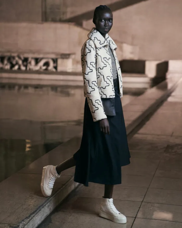 Shearling Jacket With Tulle Houndstooth Embroidery Greigeecru Women Akris Jackets